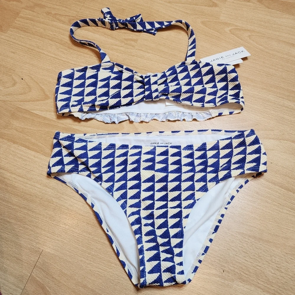 NWT‎ Janie and Jack Blue White Geo Printed 2 peice bikini set. Kids size 16.